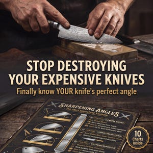 Puede incluir: Imagen de primer plano de un cuchillo afilándose en una piedra de afilar. El texto dice "STOP DESTROYING YOUR EXPENSIVE KNIVES". Un gráfico detalla los ángulos de afilado para diferentes tipos de cuchillos.