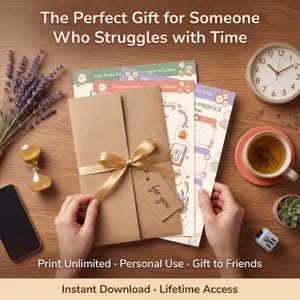 Gift presentation of ADHD time blindness toolkit pages peeking from kraft paper folder tied with gold ribbon and handwritten for you gift tag on wooden surface with lavender sprigs hourglass analog clock and tea mug with text The Perfect Gift for Som