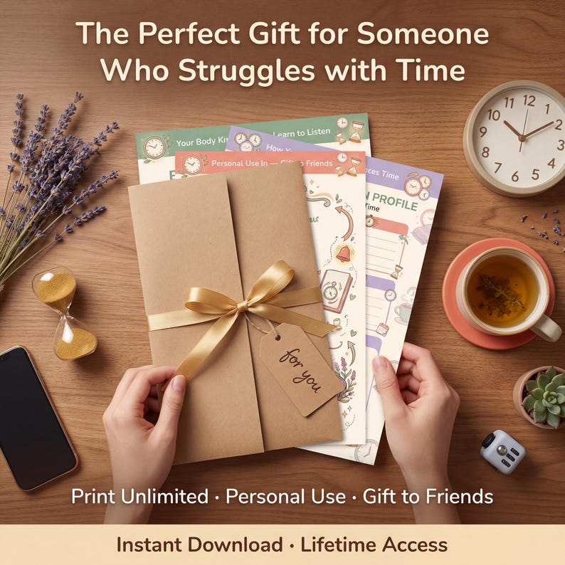 Gift presentation of ADHD time blindness toolkit pages peeking from kraft paper folder tied with gold ribbon and handwritten for you gift tag on wooden surface with lavender sprigs hourglass analog clock and tea mug with text The Perfect Gift for Som