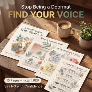 Könnte beinhalten: Auf einem Holztisch liegt ein "Workbook für Selbstbehauptungsfähigkeiten" mit dem Text "Finde deine Stimme". Eine Kaffeetasse und eine kleine Topfpflanze stehen ebenfalls auf dem Tisch. Der Text "Hör auf, ein Fußabtreter zu sein" und "Sage NEIN mit Zuversicht" sind ebenfalls sichtbar.