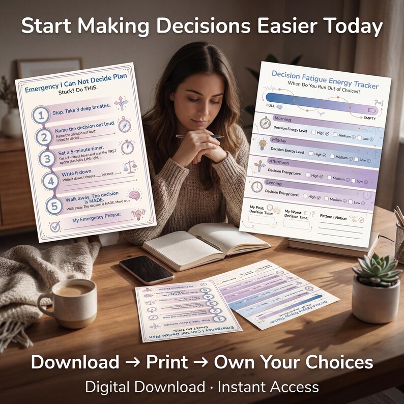 How to use ADHD Decision Fatigue Toolkit - 12-Page Choice Overload Workbook & Decision Making Planner: download instantly after purchase, print at home or at a local print shop, and plan and track your progress