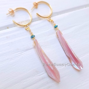 Pink mussel shell and turquoise bead earrings, iridescent pink shell, handmade seashell earrings