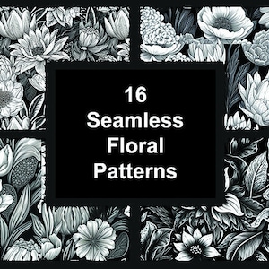 Black and White Floral Digital Paper, seamless pattern backgrounds instant download for commercial use