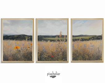 Printable Wildflower Field Art Set Of 3, Vintage Poster Landscape Print, Digital Download, Landscape Painting