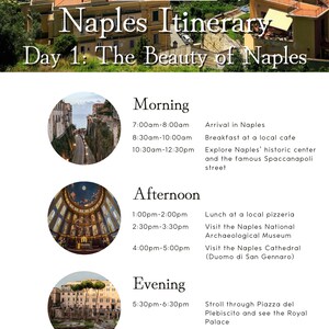 Puede incluir: Un itinerario de 5 días para un viaje a Nápoles, Italia. El itinerario incluye una lista de actividades para cada día, incluyendo la visita de sitios históricos, museos y restaurantes. El itinerario está dividido en secciones de mañana, tarde y noche.