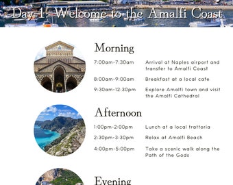 Amalfiküste Reiseplan 5-Tage Canva Vorlage | Amalfiküste Italien Reiseplaner | Canva Template Reisen | Anpassbarer Reiseplan