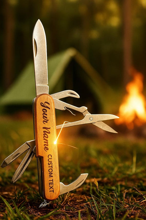 Personalized Wooden Multi-Tool Pocket Knife – Custom Name & Text Engraving