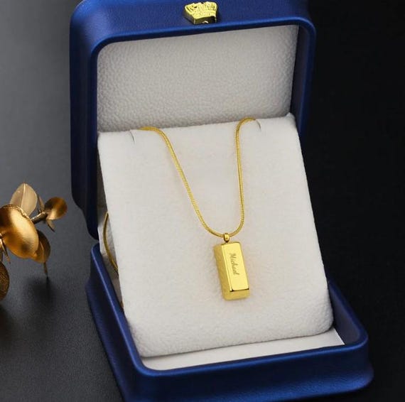 Gold Bar Pendant Necklace: Personalized Engraved Stainless Steel