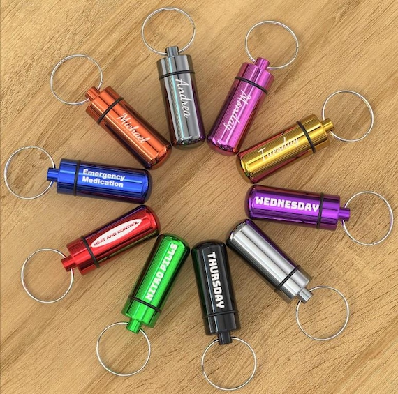 Engraved Small Portable Pill Case with Keychain.  Pill Organizer Metal Pocket Drug Storage Container for Outdoor Camping Travel