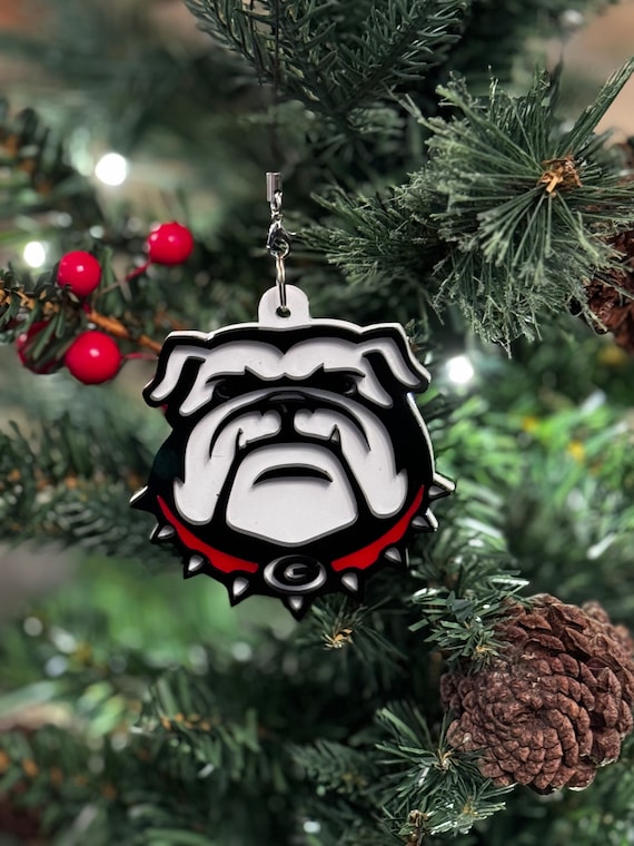 Bulldog themed acrylic Georgia Christmas ornament.  Great for the Christmas tree or just to hang on the wall.  Great gift idea!