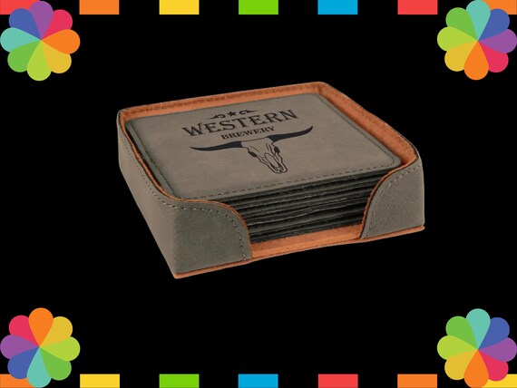 Personalized Engraved Leatherette Coaster Set, Hunting Camping Gift