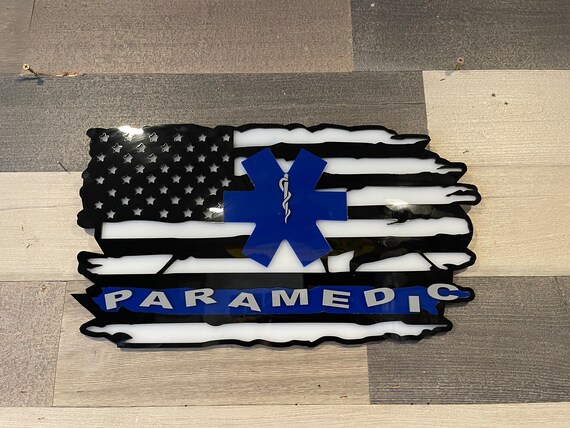 3D Paramedic Flag Sign: Thin Blue Line Wall Decor