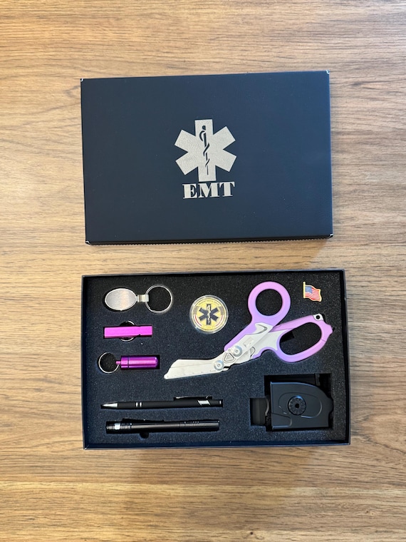 EMT Gift Box, Folding Trauma Scissors, Pen Light, Whistle, Coin