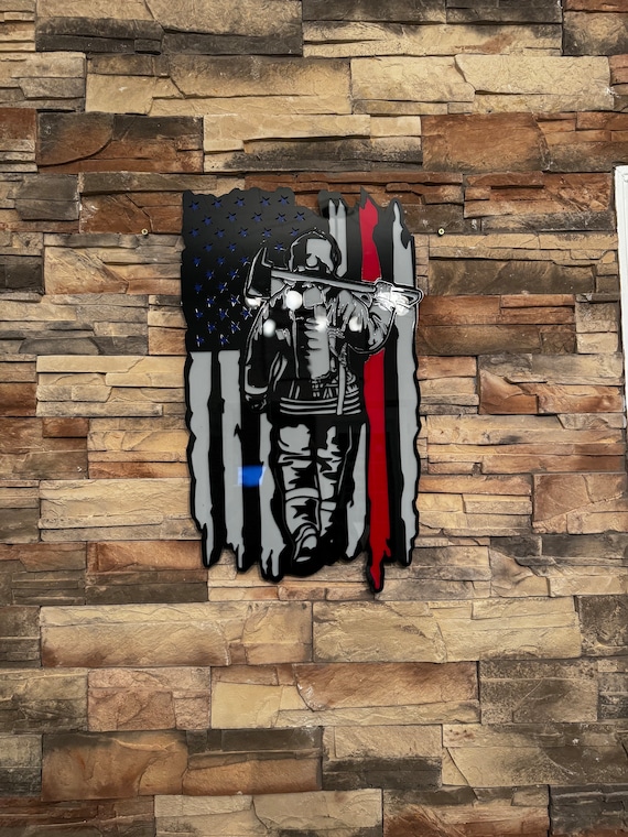Fire Fighter flag wall decoration plaque 3D layered red line.