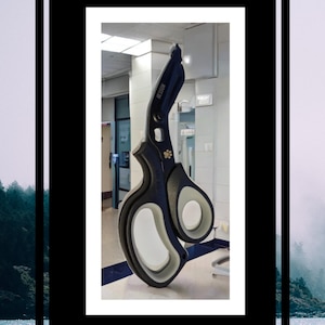 May include: Black medical shears with gray accents and a curved handle. The shears have large finger holes and the text "RESSON" is visible on the blade. A small paw print is also visible on the shears.