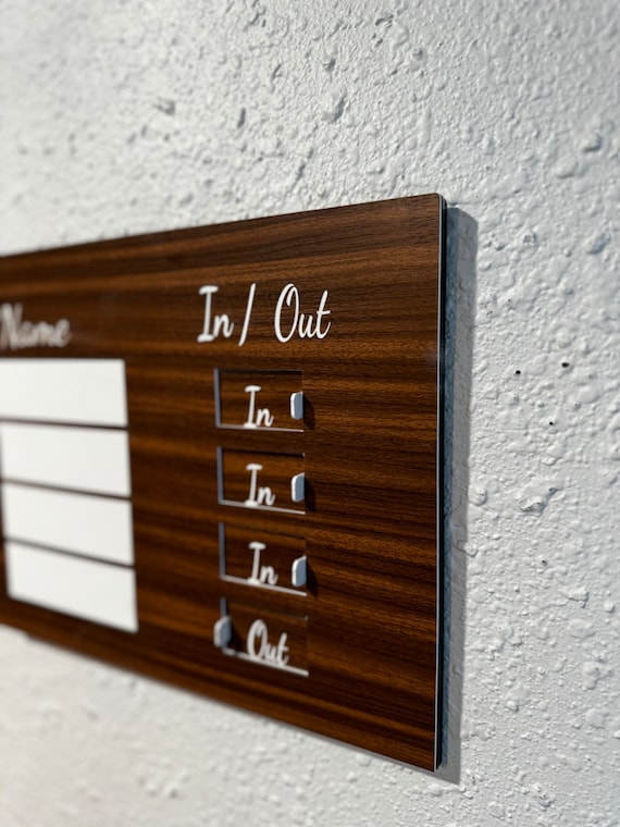 Walnut Wood Grain Acrylic In/Out Office Sign, Customizable Name Plate