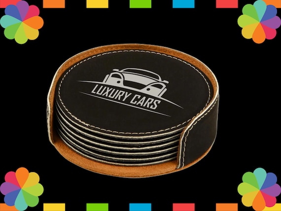 Personalized Leatherette Coasters: Engraved Round Coaster Set (6 pc)