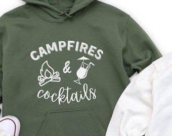 Campfire and Cocktails Unisex Hooded Sweatshirt, Camping Hoodie, Overlanding long sleeve top, birthday gift, Camper, hiker, RV, 4x4
