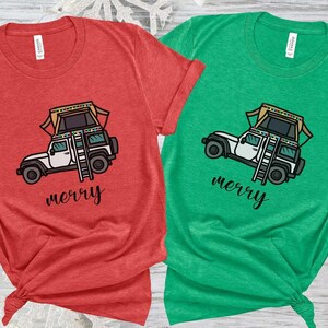 Merry Overlanding Tshirt, light string on the roof top tent all ready for the holidays. Overland shirt gift for christmas, 4x4 guy tshirt