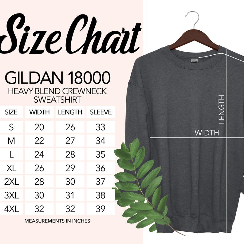May include: A dark gray Gildan 18000 heavy blend crewneck sweatshirt hanging on a wooden hanger. A size chart is displayed, showing measurements in inches for sizes S to 4XL. The chart includes width, length, and sleeve measurements.
