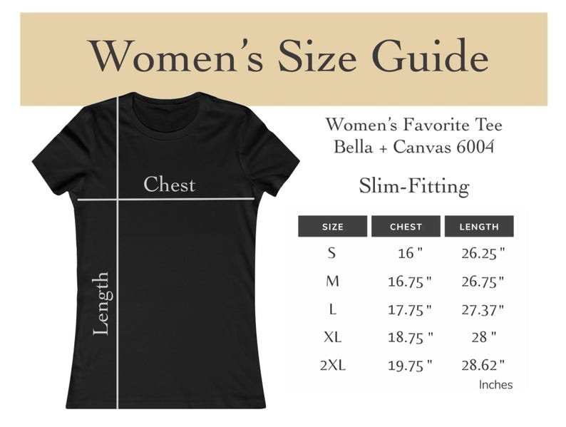 K&ouml;nnte beinhalten: Gr&ouml;&szlig;entabelle f&uuml;r Damen-T-Shirts, die Brust- und L&auml;ngenma&szlig;e in Zoll f&uuml;r die Gr&ouml;&szlig;en S, M, L, XL und 2XL zeigt. Die Tabelle ist mit "Women's Favorite Tee Bella + Canvas 6004 Slim-Fitting" betitelt.
