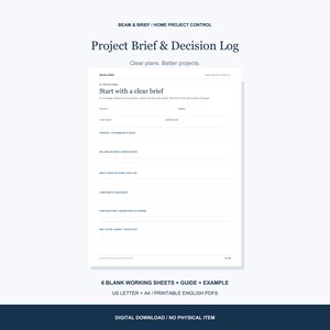May include: A white Project Brief & Decision Log document featuring dark blue text. The page includes sections for project details, purpose, scope, outcomes, constraints, questions, and actions. It is labeled as a printable PDF in US Letter size.