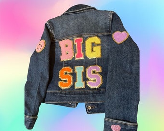 Hand Sewn - Custom Denim Jean Jacket - Hand Sewn - Big Sis - Big Bro - Name Jacket