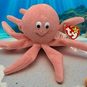 May include: A plush pink octopus toy with large, round eyes and a smiling face. The octopus has eight long tentacles and a red and white tag attached. The toy is set against a backdrop of an underwater scene.