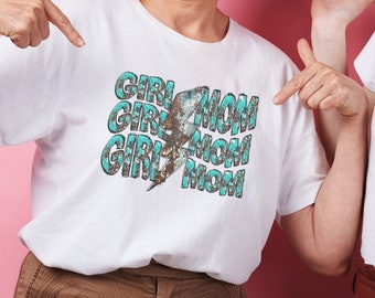 Pobierz cyfrowo Girl Mom PNG | Turkusowa koszulka Girl Mom z błyskawicą | Cyfrowy plik Girl Mom PNG | Projekt sublimacji