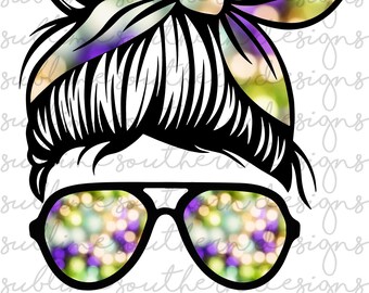 Mardi Gras Messy Bun PNG | Messy Bun Sublimacja | Mardi Gras Sztuka cyfrowa | Luizjana Sztuka do druku | Pobieranie cyfrowe
