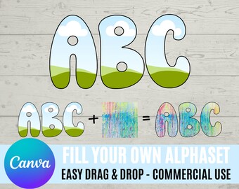 Wypełnij własne litery w CANVA | Dozwolone użycie komercyjne | Przeciągnij i upuść zestaw alfabetu | Litery alfabetu wielkich liter PNG | Edytowalna ramka Canva