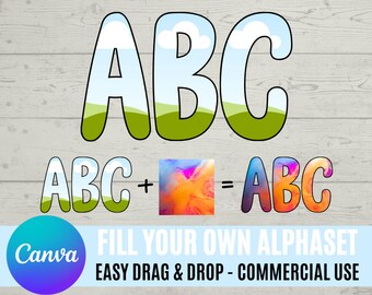 Wypełnij własne litery w CANVA | Dozwolone użycie komercyjne | Przeciągnij i upuść zestaw alfabetu | Litery alfabetu wielkich liter PNG | Edytowalna ramka Canva
