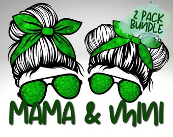 Zestaw St Patricks Day Messy Bun PNG | Mama Mini Sublimacja | St Paddys Digital Art | Shamrock Mommy Me Printable | 2 pack Digital Download