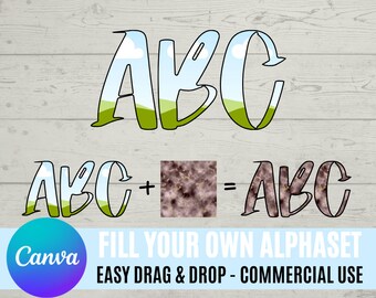 Wypełnij własne litery w CANVA | Dozwolone użycie komercyjne | Przeciągnij i upuść zestaw alfabetu | Litery alfabetu wielkich liter PNG | Edytowalna ramka Canva
