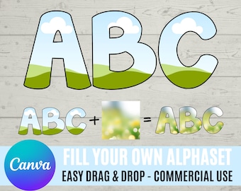 Wypełnij własne litery w CANVA | Dozwolone użycie komercyjne | Przeciągnij i upuść zestaw alfabetu | Litery alfabetu wielkich liter PNG | Edytowalna ramka Canva