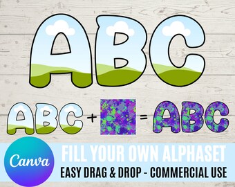 Wypełnij własne litery w CANVA | Dozwolone użycie komercyjne | Przeciągnij i upuść alfabet | Litery alfabetu PNG | Edytowalna ramka Canva
