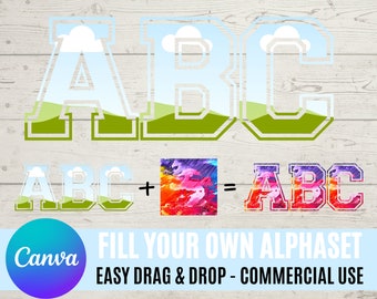Wypełnij własne litery w CANVA | Dozwolone użycie komercyjne | Przeciągnij i upuść alfabet | Litery alfabetu PNG | Edytowalna ramka Canva