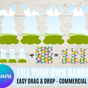 Puede incluir: Un proyecto de artesanía digital con cuatro imágenes de contorno de conejos de Pascua sobre un fondo de cielo azul y hierba verde. Los conejos se pueden rellenar con imágenes de huevos de caramelo. El texto "FILL YOUR OWN RABBITS" y "EASY DRAG & DROP - COMMERCIAL USE" se muestra debajo de las imágenes.