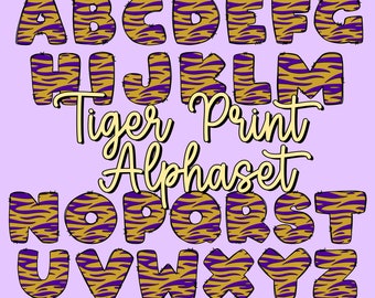 Zestaw alfabetu z nadrukiem tygrysa | Fioletowe i złote pliki PNG z alfabetem w paski tygrysa | Tygrysy LSU | Tygrysy Geaux | Uniwersytet Stanowy Luizjany