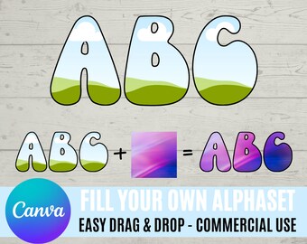 Wypełnij własne litery w CANVA | Dozwolone użycie komercyjne | Przeciągnij i upuść zestaw alfabetu | Litery alfabetu wielkich liter PNG | Edytowalna ramka Canva