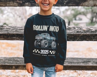 Rolling into 2025, Black Monster Truck Long Sleeve Toddler Shirt, New Years Shirt, NYE, Babys First New Year, Winter Shirt kids