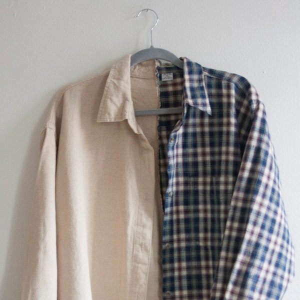 Oversized Split Color Block Linen Shirt - Extra Large