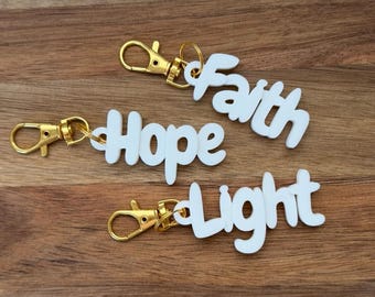 LDS Young Women Keychains Faith Hope Light | Girls Camp Gifts Bulk | 3D Printed Name