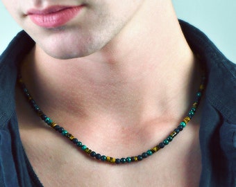 Malachite Tiger Eye Lava Rock Men's Surfer Beaded Necklace, Boyfriend Necklace, Summer Necklace, Men's Gemstone Choker, Jewelry for Men