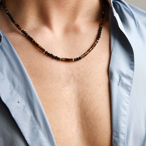 Collier homme en argent sterling avec pierre de lave oeil de tigre Collier de perles Collier petit ami style surfeur Collier de plage en argent avec pierres précieuses pour hommes