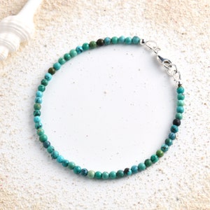 Genuine Turquoise Bead Bracelet w/ Sterling Silver Clasp, Simple Turquoise Beaded Boho Bracelet, Skinny Minimal December Birthstone Jewelry