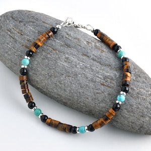 Genuine Turquoise Onyx Tiger&#39;s Eye Bracelet for Men, Beaded Man Bracelet, Surfer Style, Gemstone Stacking Boho Beach Jewelry, 925 Silver