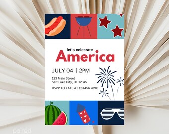 Laten we vieren Amerika 4 juli-uitnodiging, 4 juli BBQ, uitnodiging moderne onafhankelijkheidsdag, feest in de VS, rood-wit-blauw feest