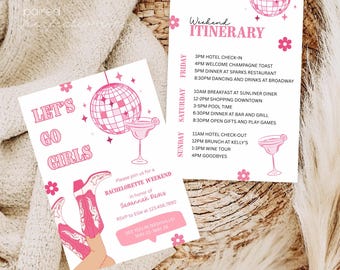 Let's Go Girls Bachelorette Wochenende Einladung, Nashville Party einladen, Bachelorette Reiseplan, Nash Bash, Last Rodeo, Pink Western, Country