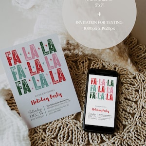 Può includere: Un invito a una festa natalizia con la scritta "FA LA LA" in rosso, verde e rosa. L'invito include i dettagli di una festa il 14 dicembre. Uno smartphone mostra lo stesso design.